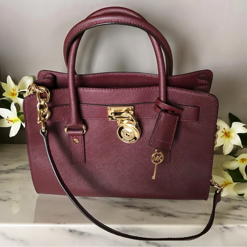 Michael Kors Hamilton Saffiano Leather Satchel – Maroon with Gold Hardware